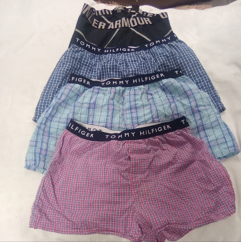 Three Tommy Hilfiger boxers, Blue, baby blue and pinkish. One large under armor